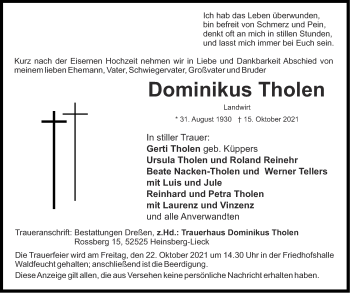 Traueranzeige von Dominikus Tholen von Aachener Zeitung / Aachener Nachrichten