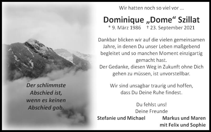  Traueranzeige für Dominique Szillat vom 17.10.2021 aus Zeitung am Sonntag