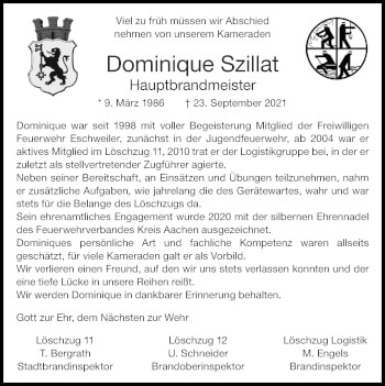 Traueranzeige von Dominique Szillat von Zeitung am Sonntag