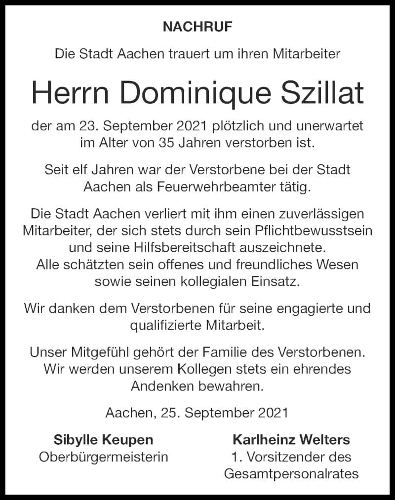  Traueranzeige für Dominique Szillat vom 17.10.2021 aus Zeitung am Sonntag