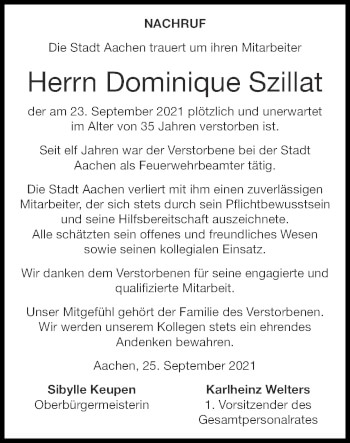 Traueranzeige von Dominique Szillat von Zeitung am Sonntag