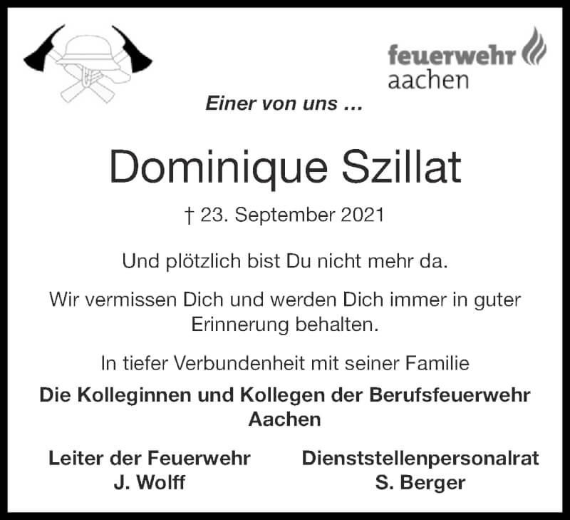  Traueranzeige für Dominique Szillat vom 17.10.2021 aus Zeitung am Sonntag