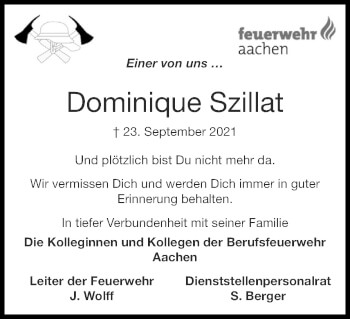 Traueranzeige von Dominique Szillat von Zeitung am Sonntag