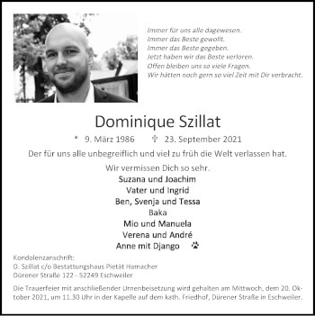 Traueranzeige von Dominique Szillat von Zeitung am Sonntag