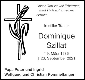 Traueranzeige von Dominique Szillat von Zeitung am Sonntag