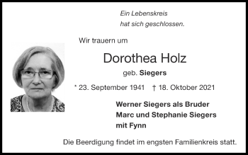 Traueranzeige von Dorothea Holz von Zeitung am Sonntag