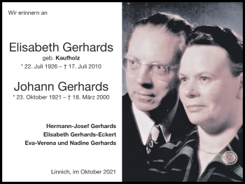 Traueranzeige von Elisabeth Gerhards von Zeitung am Sonntag