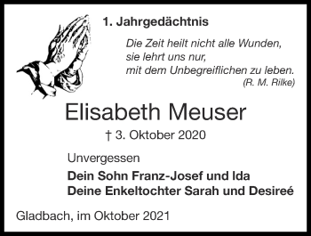 Traueranzeige von Elisabeth Meuser von Zeitung am Sonntag