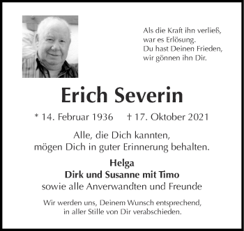 Traueranzeige von Erich Severin von Zeitung am Sonntag