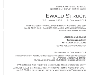 Traueranzeige von Ewald Struck von Zeitung am Sonntag