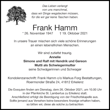 Traueranzeige von Frank Hamm von Zeitung am Sonntag