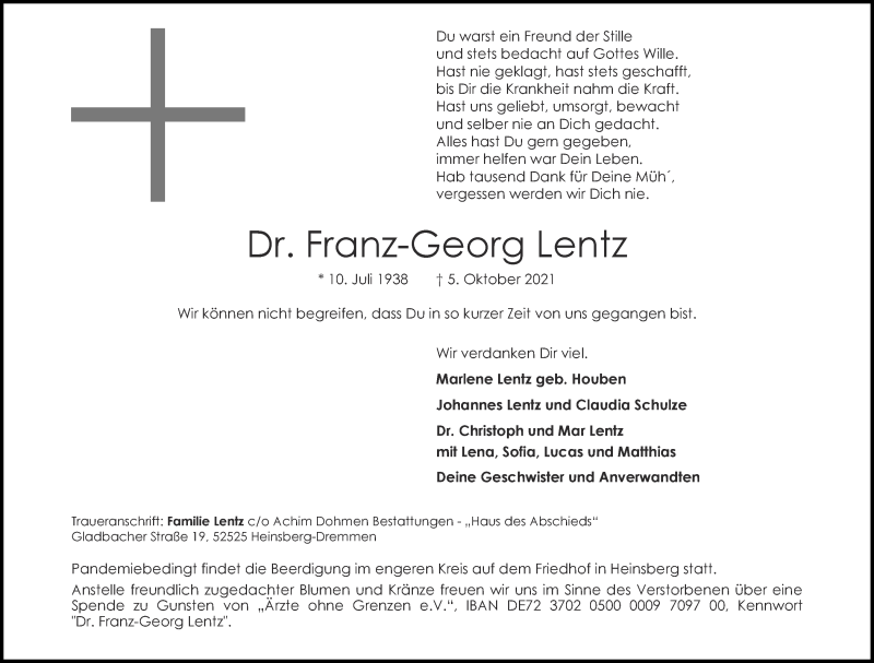  Traueranzeige für Franz-Georg Lentz vom 09.10.2021 aus Aachener Zeitung / Aachener Nachrichten
