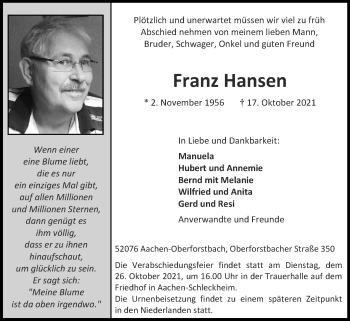 Traueranzeige von Franz Hansen von Zeitung am Sonntag