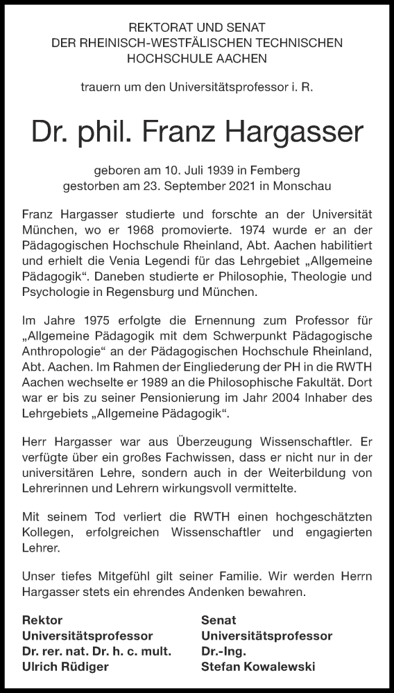 Traueranzeige für Franz Hargasser vom 09.10.2021 aus Aachener Zeitung / Aachener Nachrichten