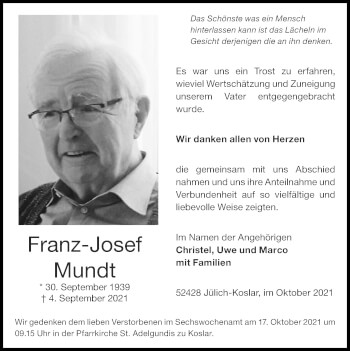 Traueranzeige von Franz-Josef Mundt von Zeitung am Sonntag