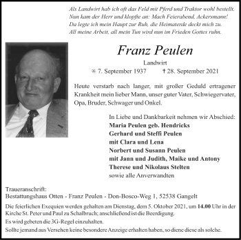 Traueranzeige von Franz Peulen von Zeitung am Sonntag