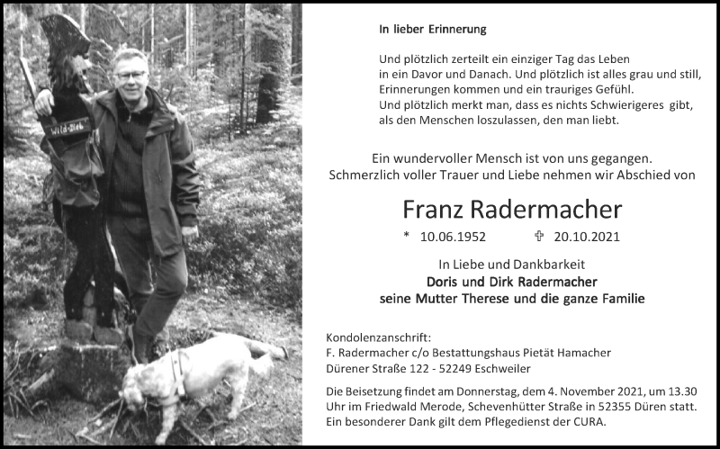  Traueranzeige für Franz Radermacher vom 31.10.2021 aus Zeitung am Sonntag