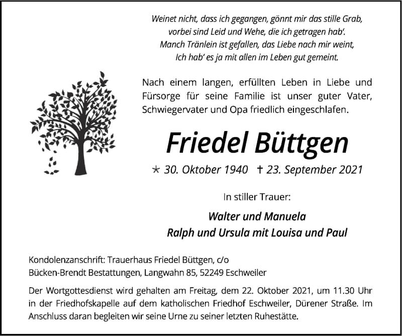  Traueranzeige für Friedel Büttgen vom 17.10.2021 aus Zeitung am Sonntag