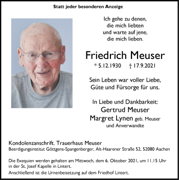 Traueranzeige von Friedrich Meuser von Zeitung am Sonntag