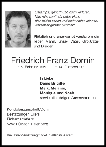 Traueranzeige von Friedrich Franz Domin von Zeitung am Sonntag