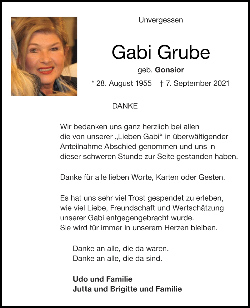  Traueranzeige für Gabi Grube vom 02.10.2021 aus Aachener Zeitung / Aachener Nachrichten