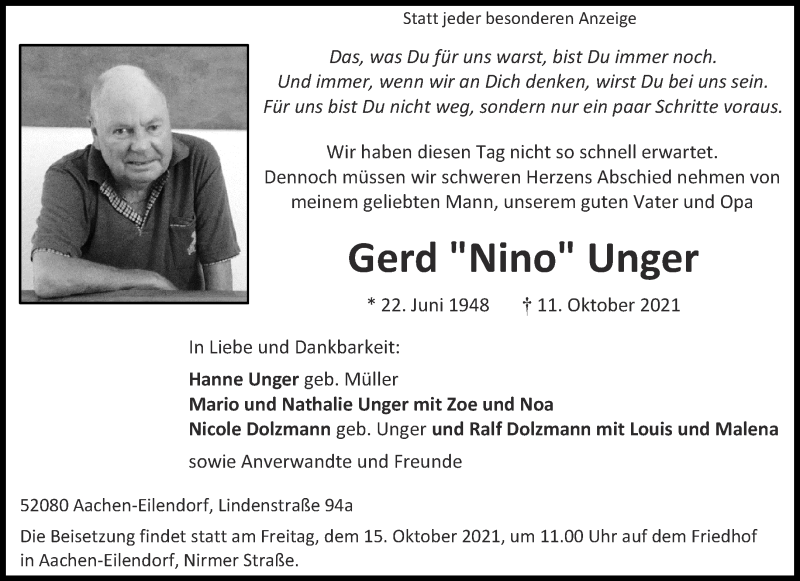  Traueranzeige für Gerd Unger vom 13.10.2021 aus Aachener Zeitung / Aachener Nachrichten