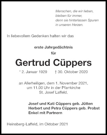 Traueranzeige von Gertrud Cüppers von Zeitung am Sonntag