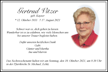 Traueranzeige von Gertrud Vitzer von Zeitung am Sonntag