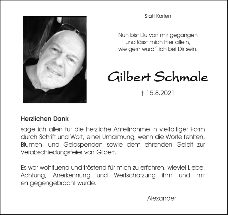  Traueranzeige für Gilbert Schmale vom 09.10.2021 aus Aachener Zeitung / Aachener Nachrichten