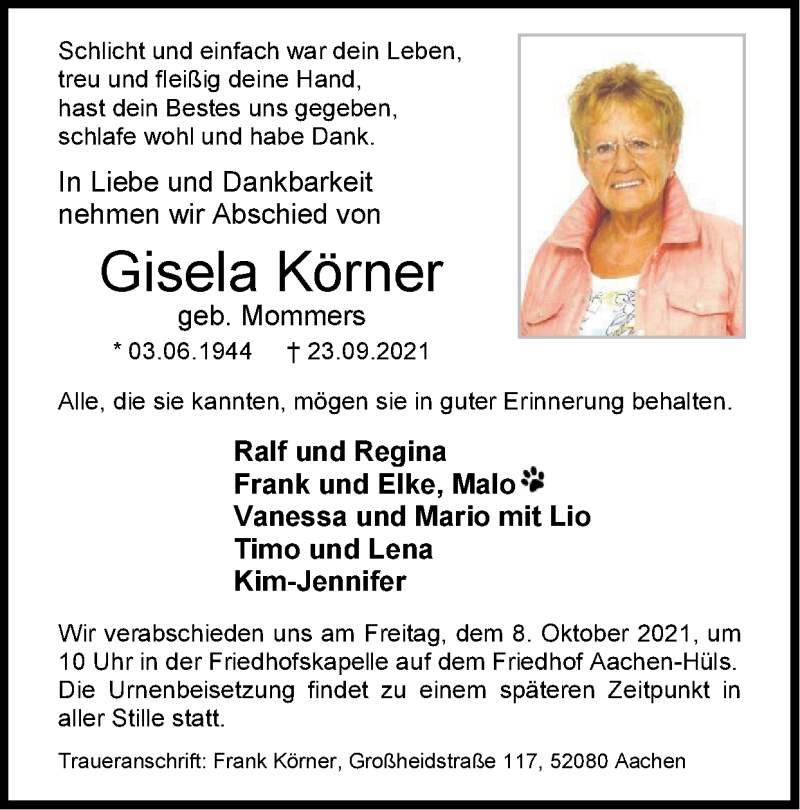  Traueranzeige für Gisela Körner vom 03.10.2021 aus Zeitung am Sonntag