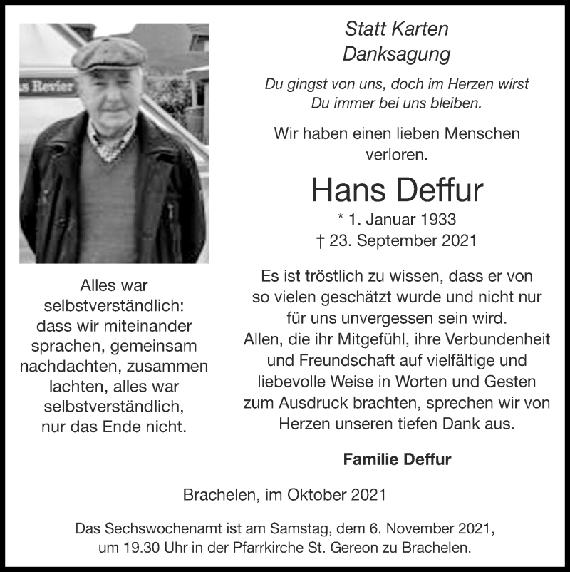  Traueranzeige für Hans Deffur vom 31.10.2021 aus Zeitung am Sonntag