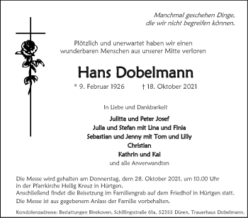 Traueranzeige von Hans Dobelmann von Zeitung am Sonntag