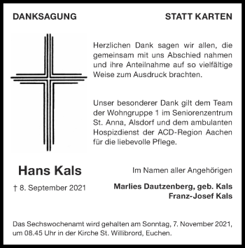 Traueranzeige von Hans Kals von Zeitung am Sonntag
