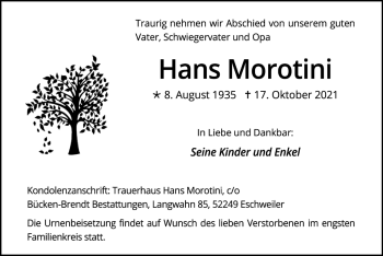 Traueranzeige von Hans Morotini von Zeitung am Sonntag