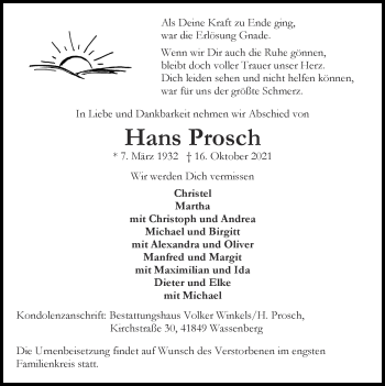 Traueranzeige von Hans Prosch von Zeitung am Sonntag
