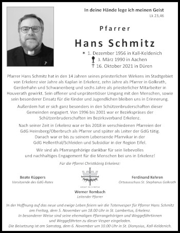Traueranzeige von Hans Schmitz von Aachener Zeitung / Aachener Nachrichten