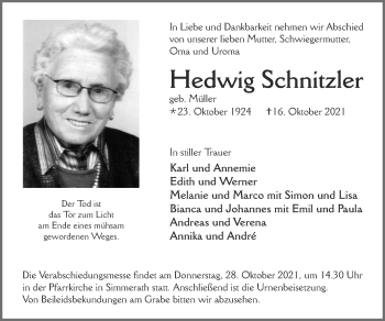 Traueranzeige von Hedwig Schnitzler von Zeitung am Sonntag