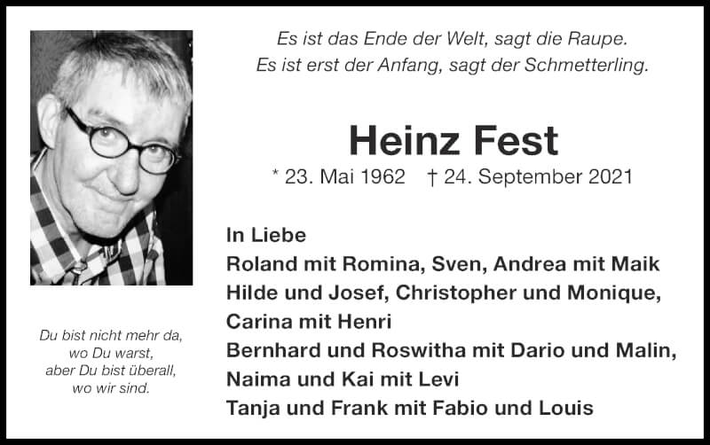  Traueranzeige für Heinz Fest vom 17.10.2021 aus Zeitung am Sonntag