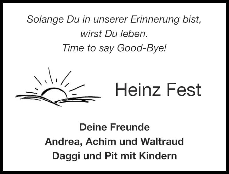  Traueranzeige für Heinz Fest vom 17.10.2021 aus Zeitung am Sonntag