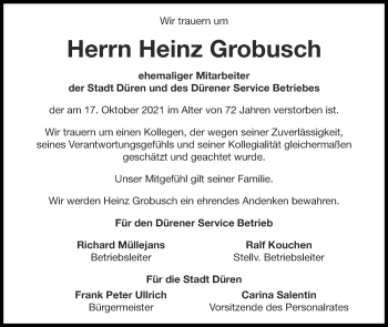 Traueranzeige von Heinz Grobusch von Zeitung am Sonntag