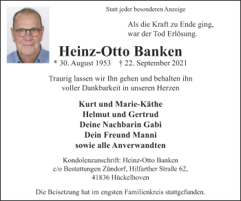 Traueranzeige von Heinz-Otto Banken von Zeitung am Sonntag