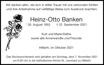Traueranzeige von Heinz-Otto Banken von Zeitung am Sonntag