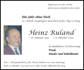 Traueranzeige von Heinz Ruland von Zeitung am Sonntag