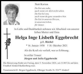 Traueranzeige von Helga  Eggebrecht von Zeitung am Sonntag