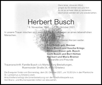 Traueranzeige von Herbert Busch von Zeitung am Sonntag