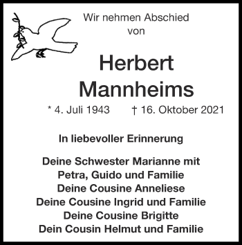 Traueranzeige von Herbert Mannheims von Zeitung am Sonntag