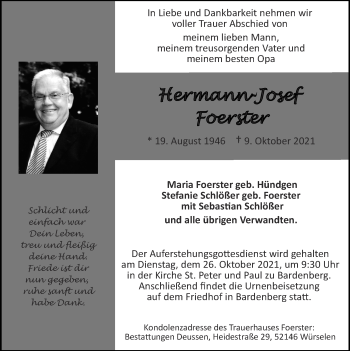 Traueranzeige von Hermann-Josef Foerster von Zeitung am Sonntag