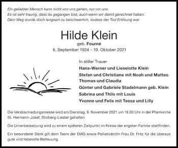 Traueranzeige von Hilde Klein von Zeitung am Sonntag