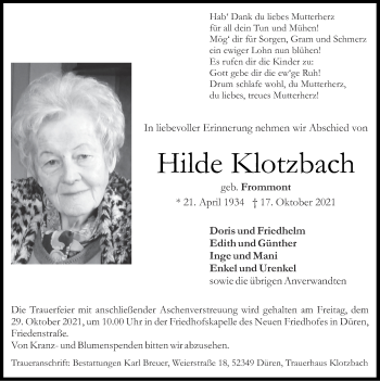 Traueranzeige von Hilde Klotzbach von Zeitung am Sonntag