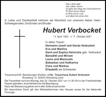 Traueranzeige von Hubert Verbocket von Zeitung am Sonntag
